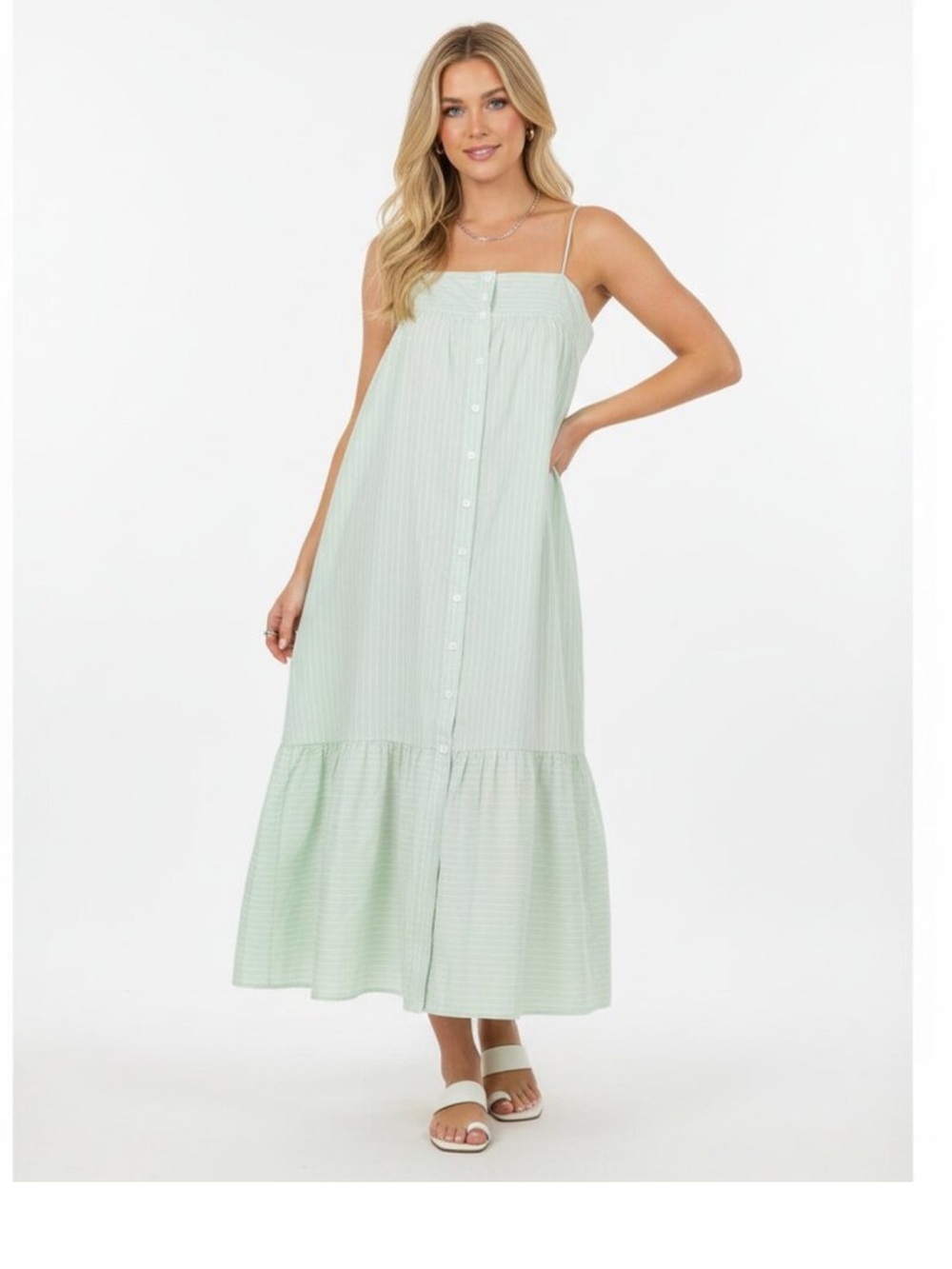 ZARA XS Green Button-Front Maxi Dress with Spaghetti Straps